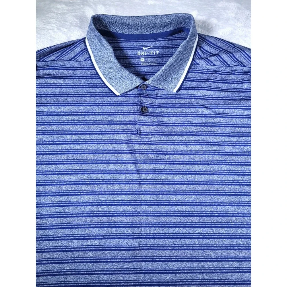 Nike Shirt Mens XL Polo Blue Striped‎ Dri-Fit Stretch Golf Short Sleeve Swoosh